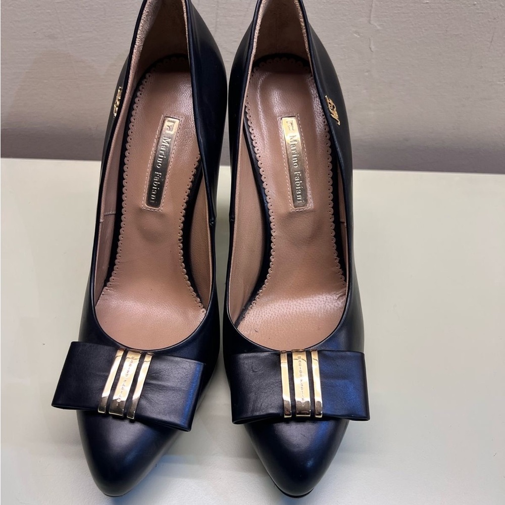 NWT Made in Italy Marino Fabiani Elegant Black Leather Heels with Bow